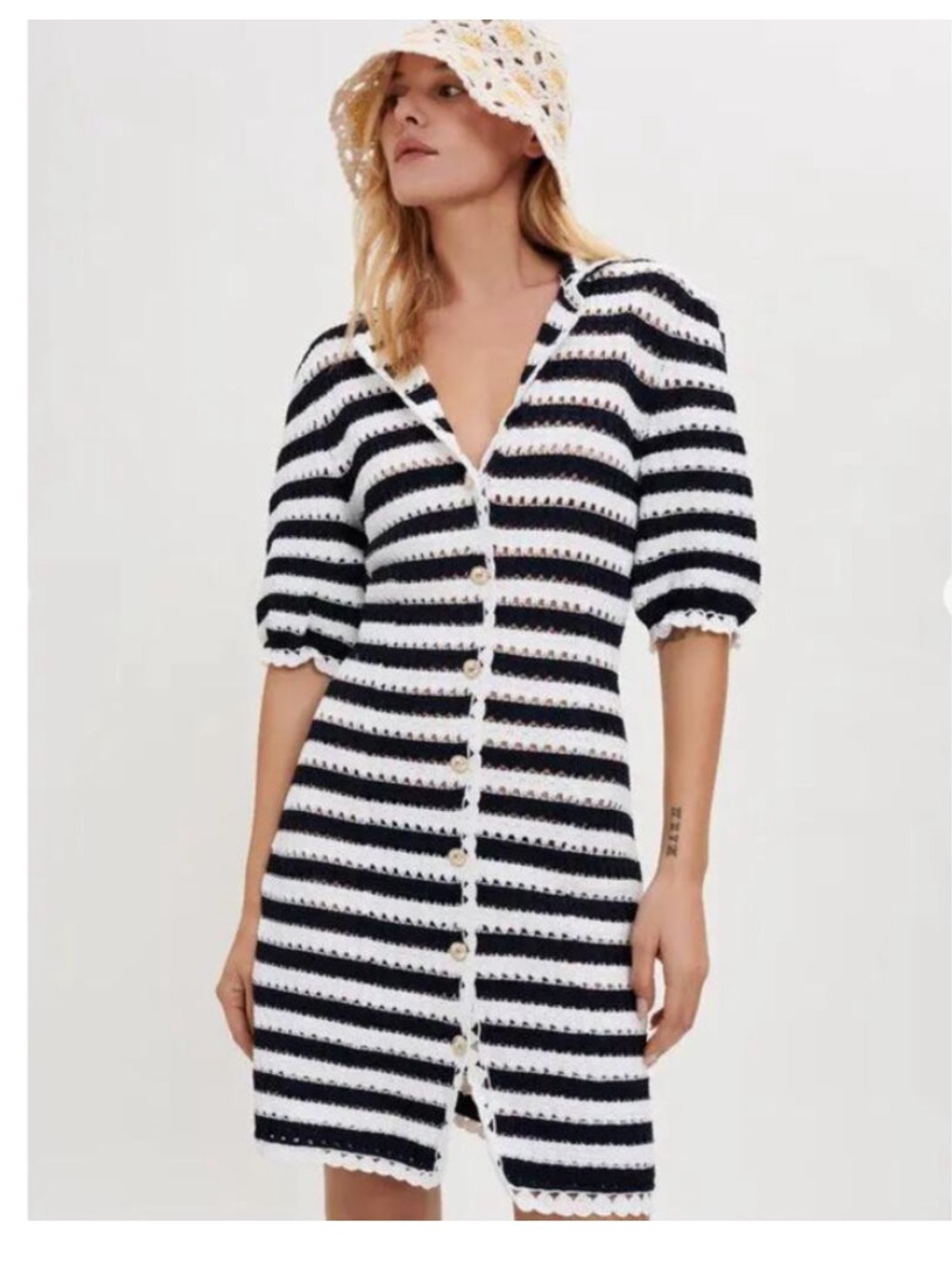 Maje Black and White Striped rosette Crochet Mini Dress